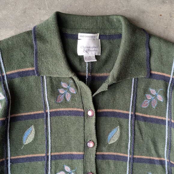 Vintage Christopher & Banks Knit Green Plaid Fall Sleeve Cardigan Sweater medium - Picture 2 of 7